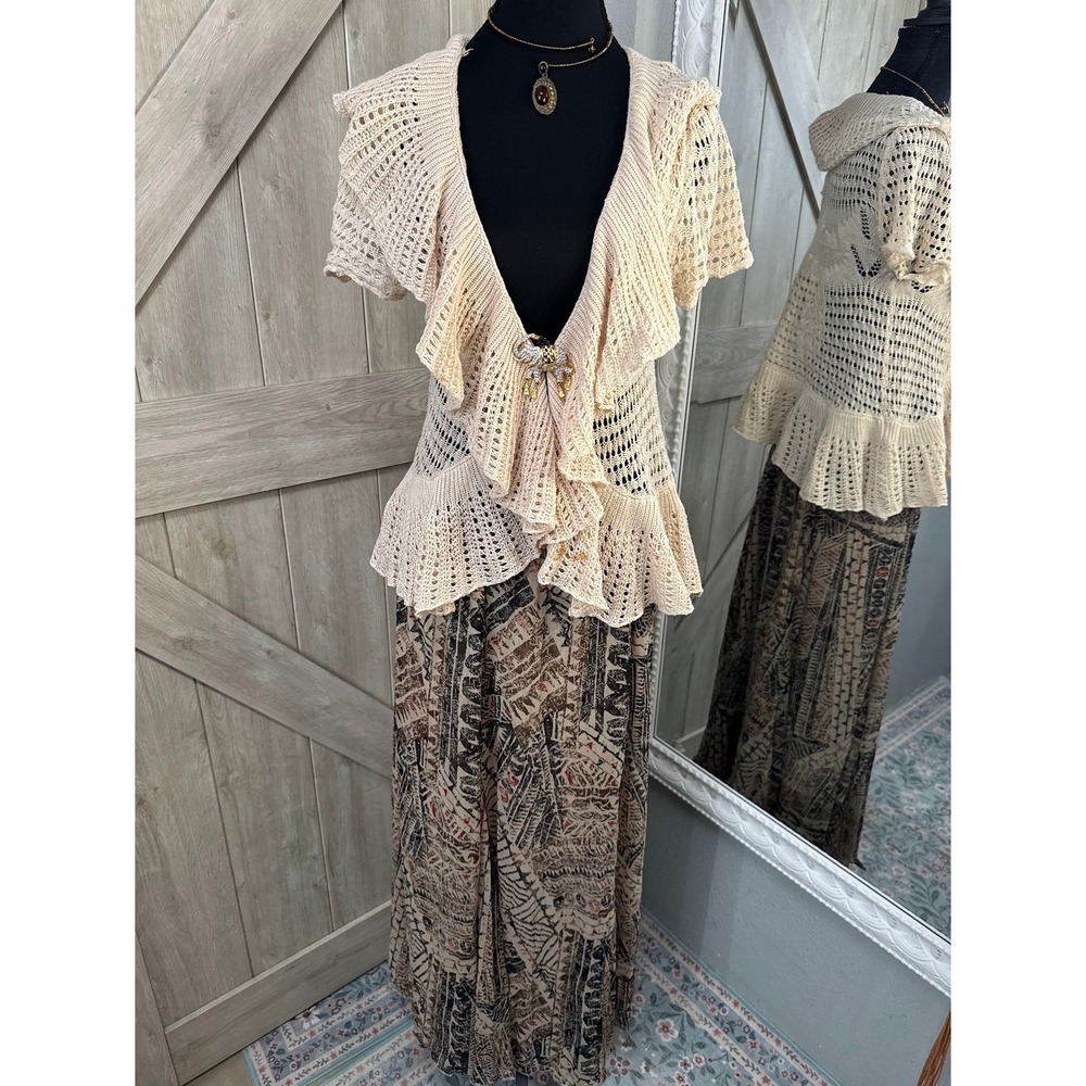 Ruby Rd. Tribal Abstract Print Maxi Skirt Brown Tan Boho Elastic Waist Size 12